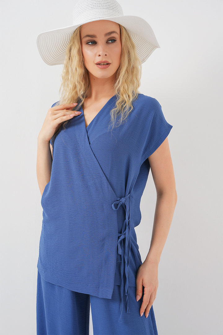 BGD Women Women's Short Sleeve Lace-Up T-Shirt Set 6741 - Indigo - Laredo