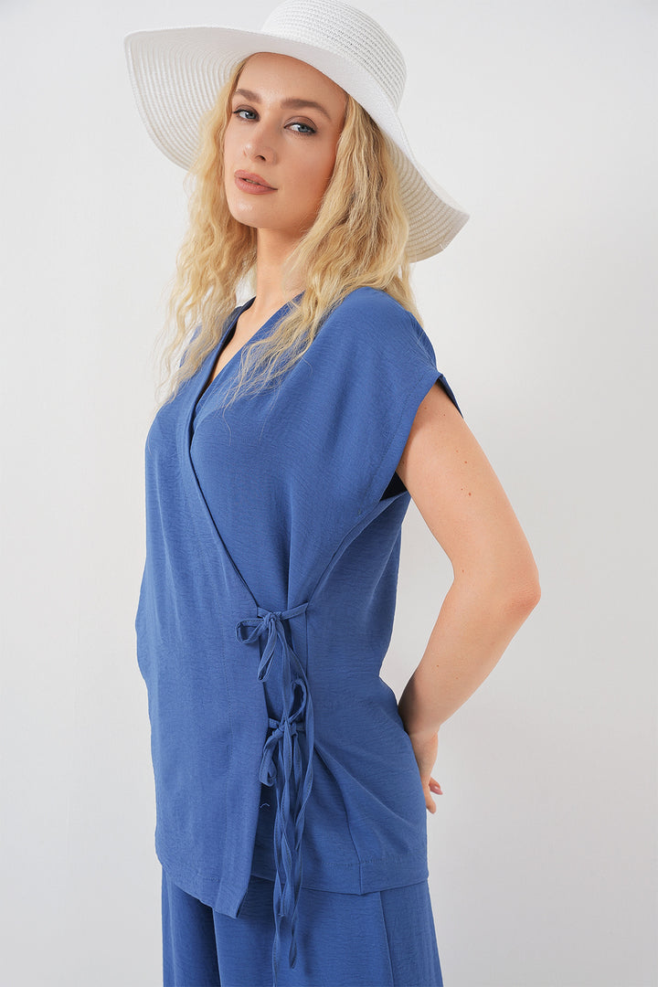 BGD Women Women's Short Sleeve Lace-Up T-Shirt Set 6741 - Indigo - Laredo