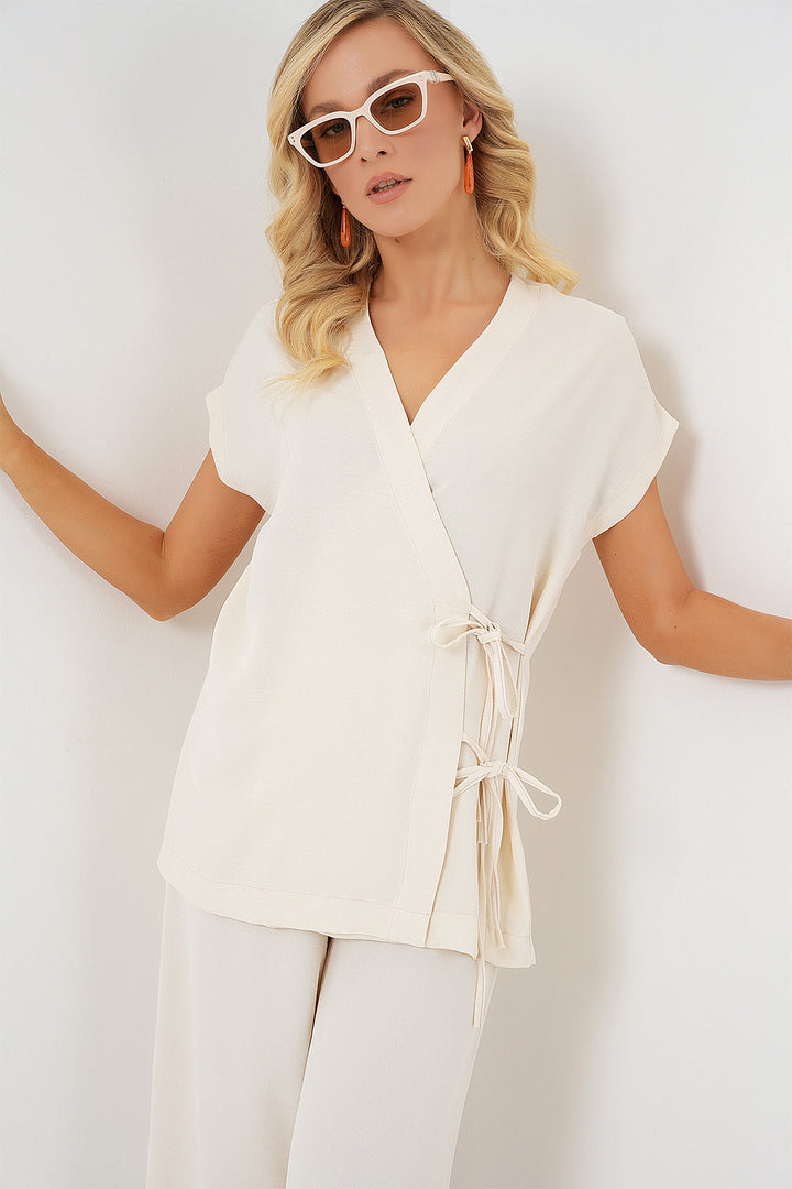 BGD Women Woman Short Sleeve Lace-Up T-Shirt Set 6741 - Cream - Shakhtarsk
