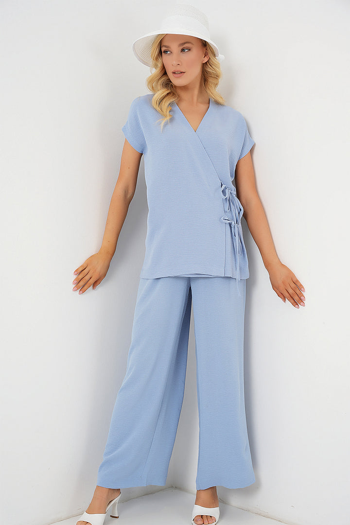 BGD Women Women's Short Sleeve Lace-Up T-Shirt Set 6741 - Blue - Helmond