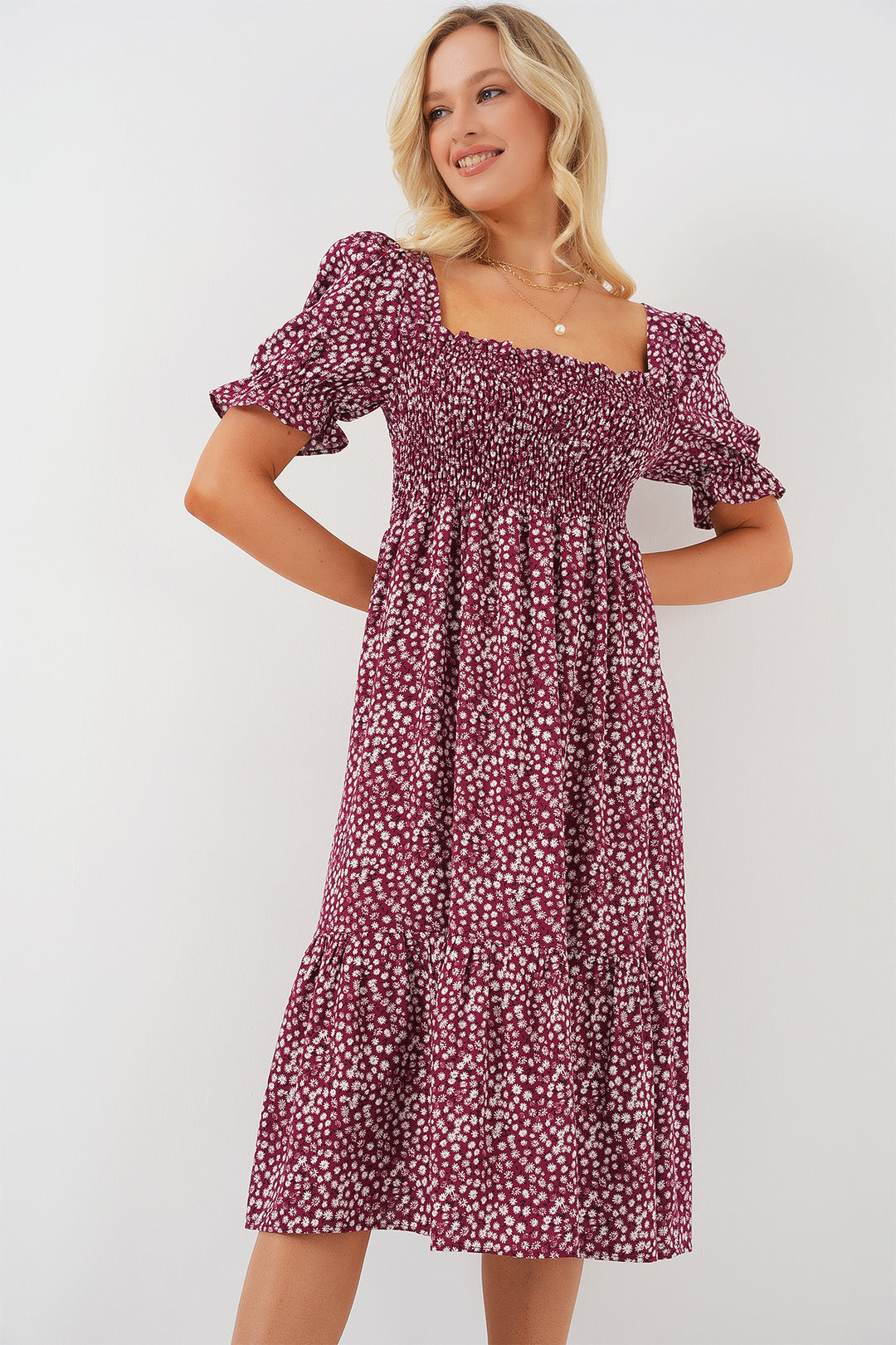 BGD Women Woman Short Sleeve Floral Dress 2556 - Burgundy - La Paz
