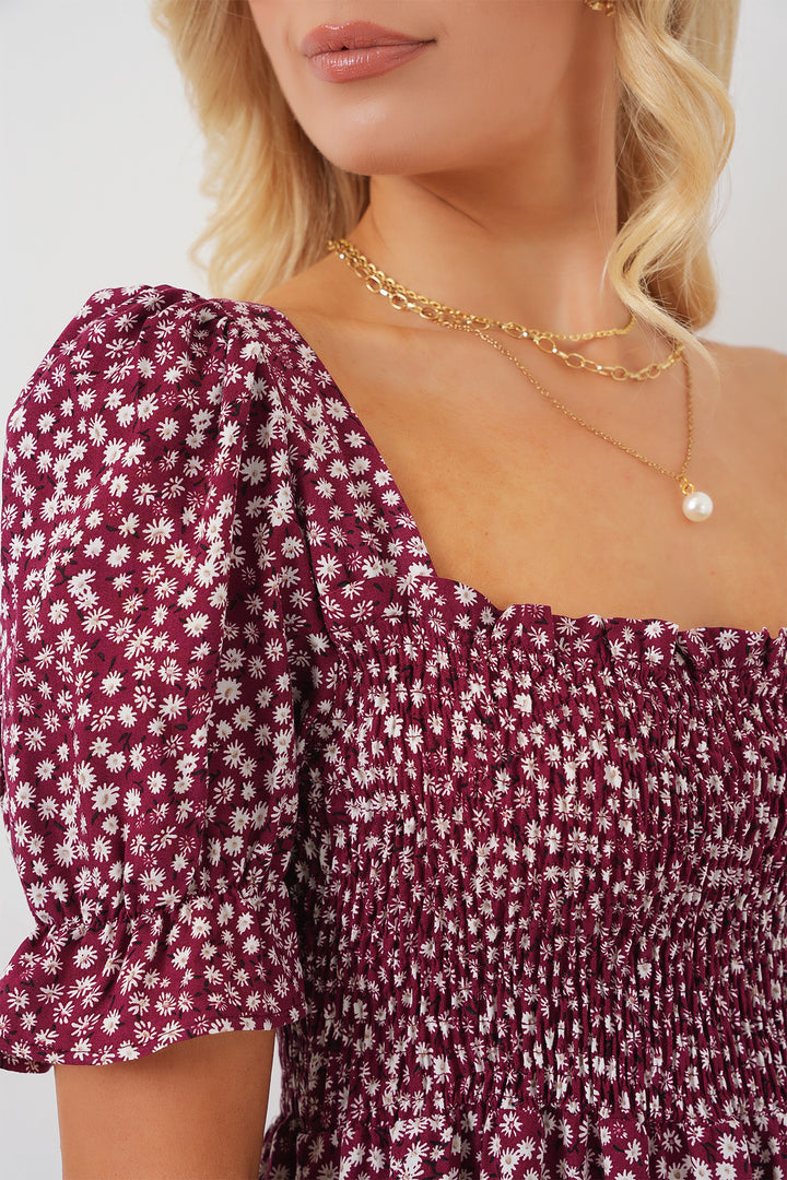 BGD Women Woman Short Sleeve Floral Dress 2556 - Burgundy - La Paz