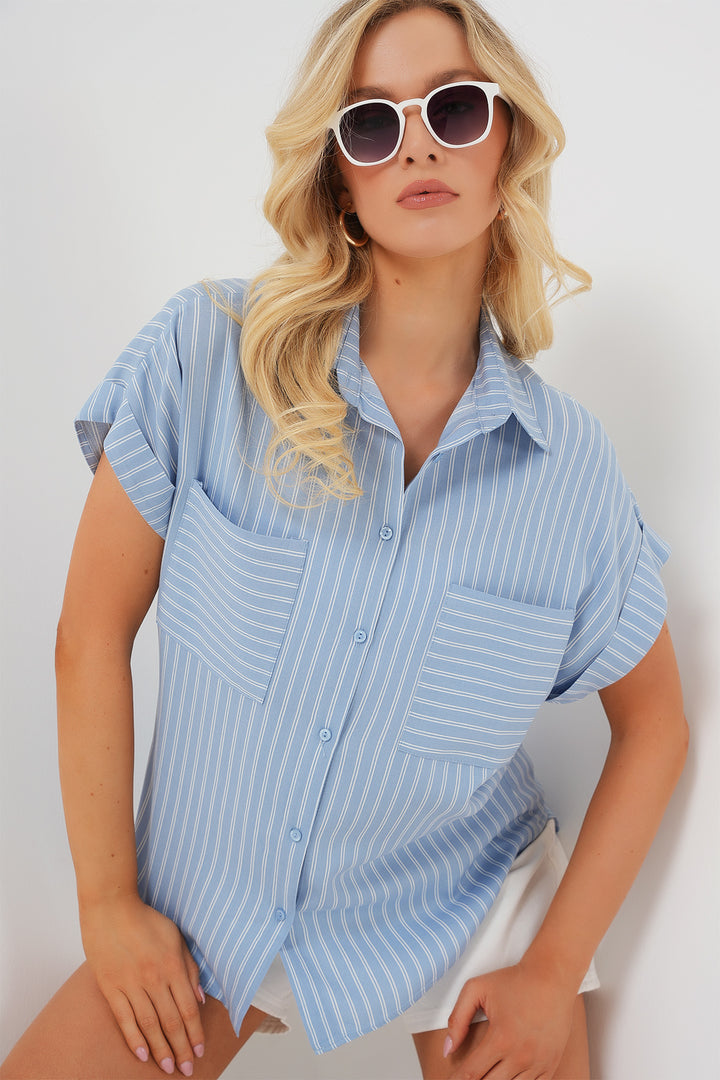 BGD Women Woman Short Sleeve Striped Oversized Shirt 20303 - Blue - Tourcoing