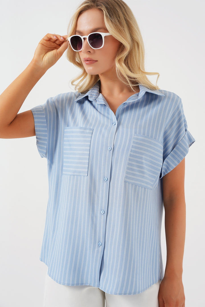 BGD Women Woman Short Sleeve Striped Oversized Shirt 20303 - Blue - Tourcoing
