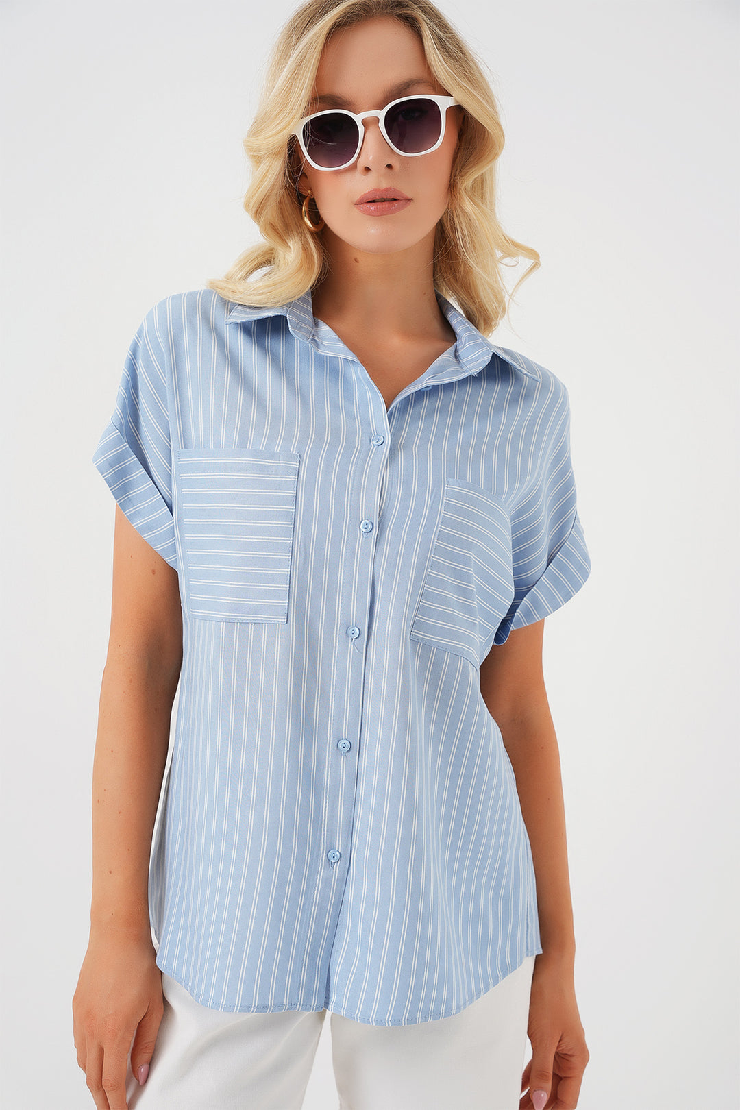 BGD Women Woman Short Sleeve Striped Oversized Shirt 20303 - Blue - Tourcoing