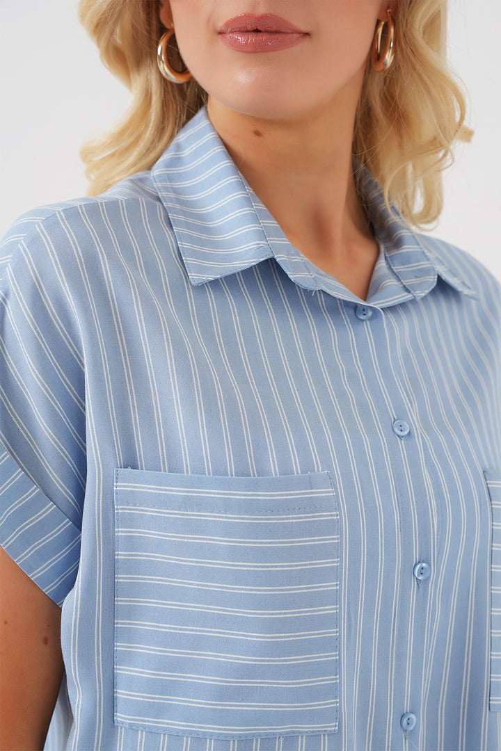 BGD Women Woman Short Sleeve Striped Oversized Shirt 20303 - Blue - Tourcoing