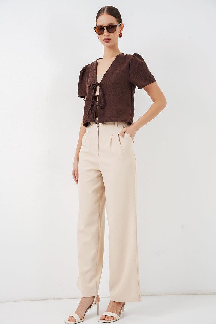 BGD Women Kadın Kısa Kol Crop Bluz 958 - Kahverengi - Citrus Heights