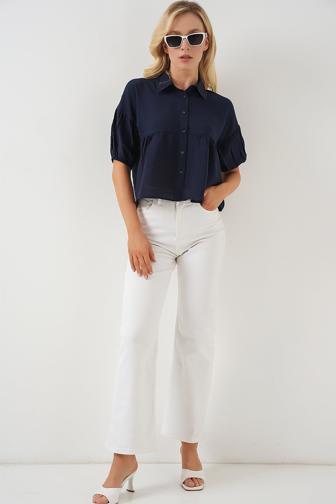 BGD Women Women's Short Sleeve Crop Top 20335 - Navy Blue - Grimsby