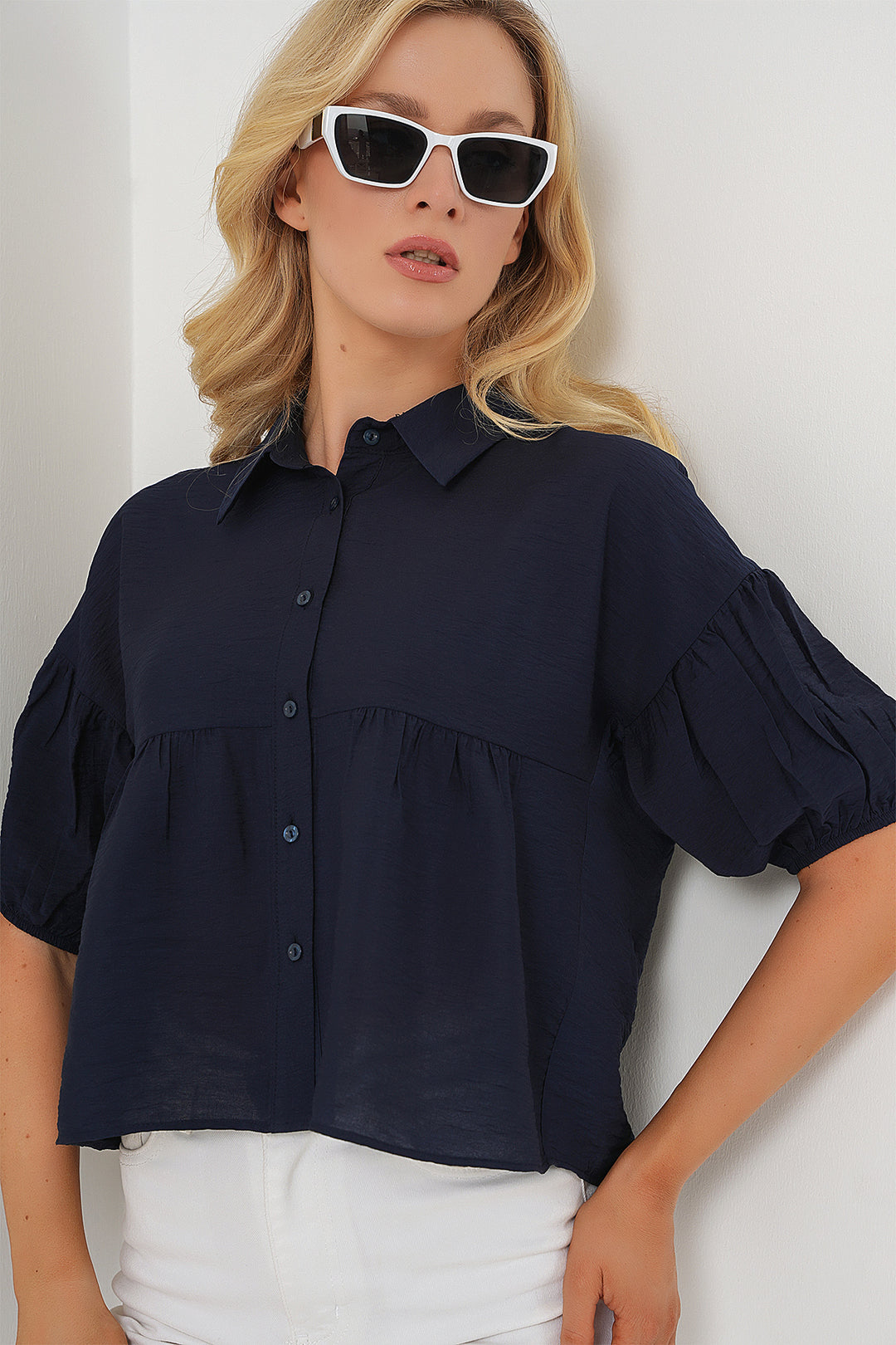 BGD Women Women's Short Sleeve Crop Top 20335 - Navy Blue - Grimsby