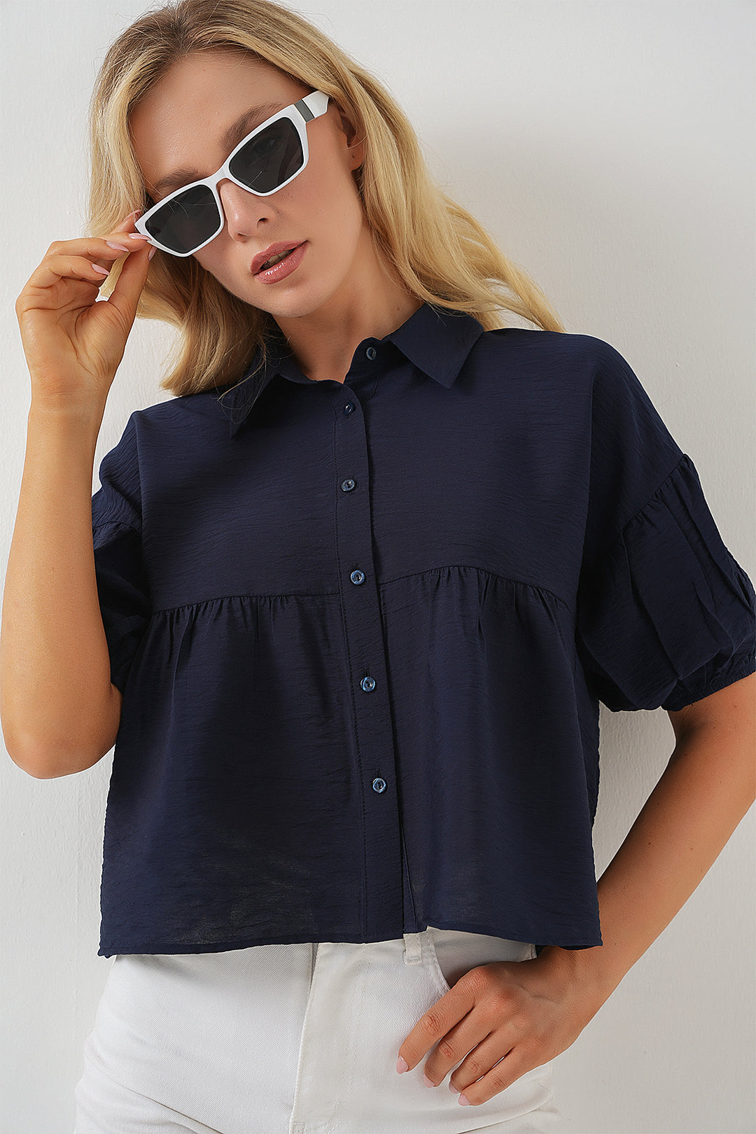 BGD Women Women's Short Sleeve Crop Top 20335 - Navy Blue - Grimsby