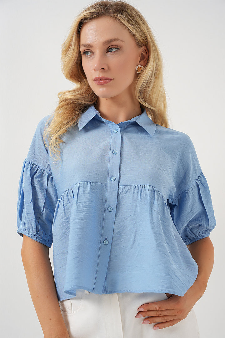 BGD Women Women's Short Sleeve Crop Top 20335 - Blue - Cherry Hill