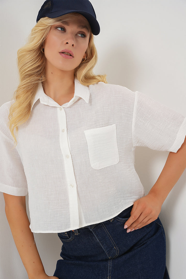 BGD Women Women's Short Sleeve Crop Top 20341 - White - Cedar Park