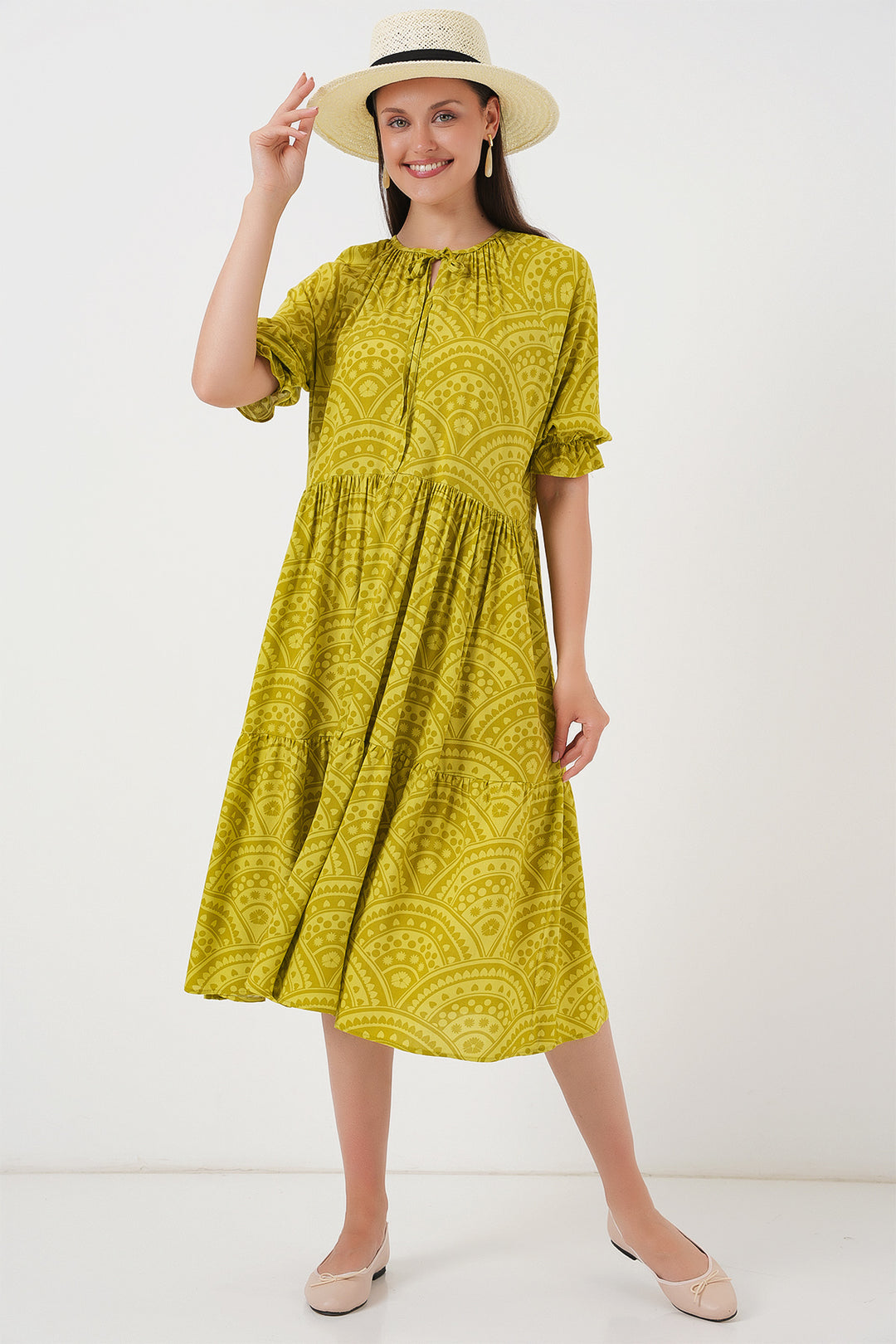 BGD Women Woman Short Sleeve Patterned Dress 2553 - Dark Green - Smithtown