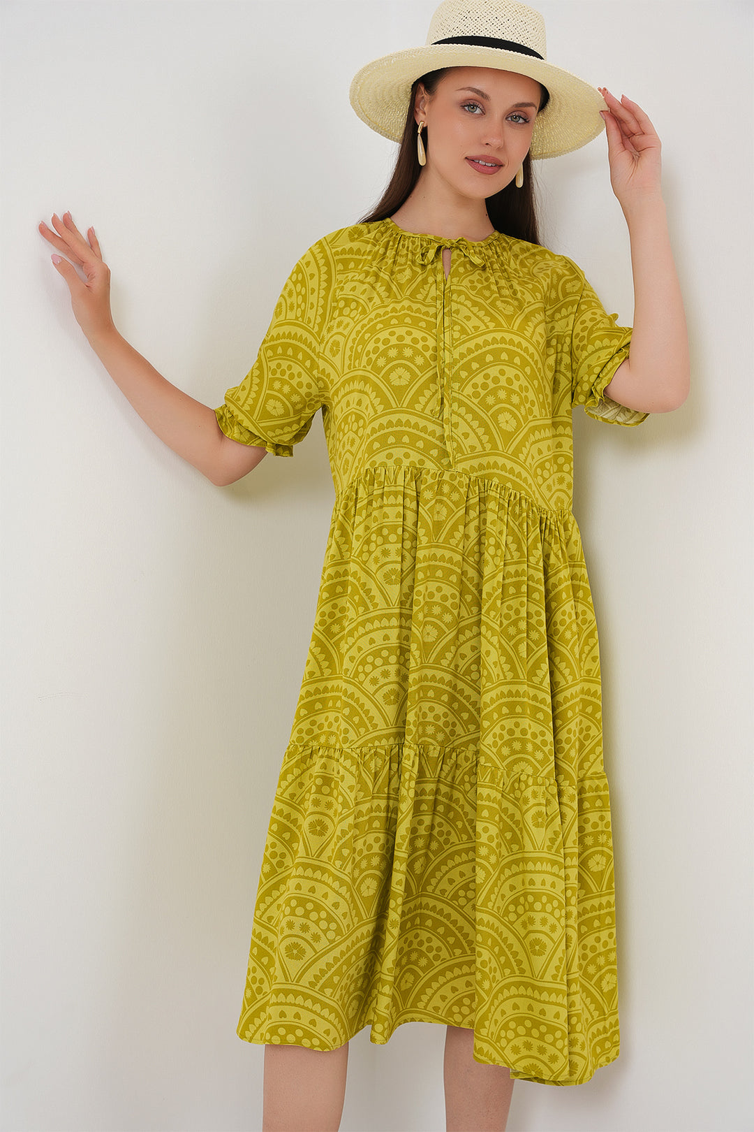 BGD Women Woman Short Sleeve Patterned Dress 2553 - Dark Green - Smithtown