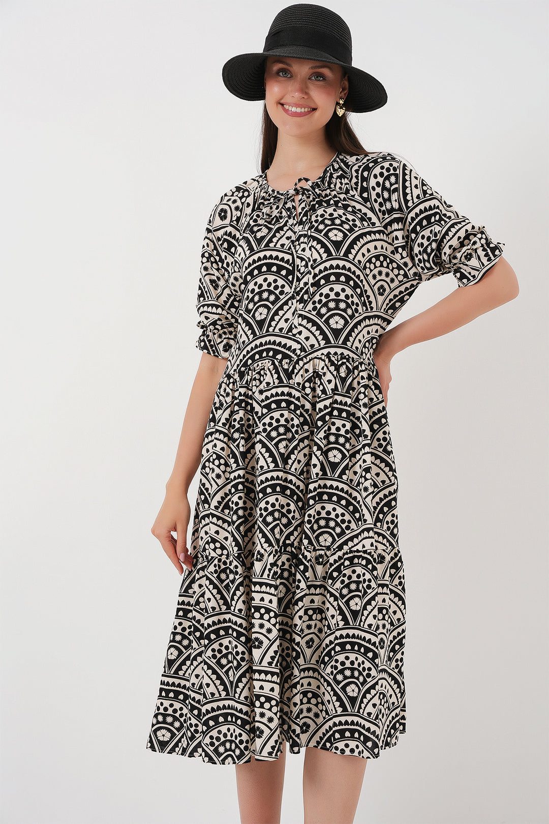 BGD Women Woman Short Sleeve Patterned Dress 2553 - Black - Columbia