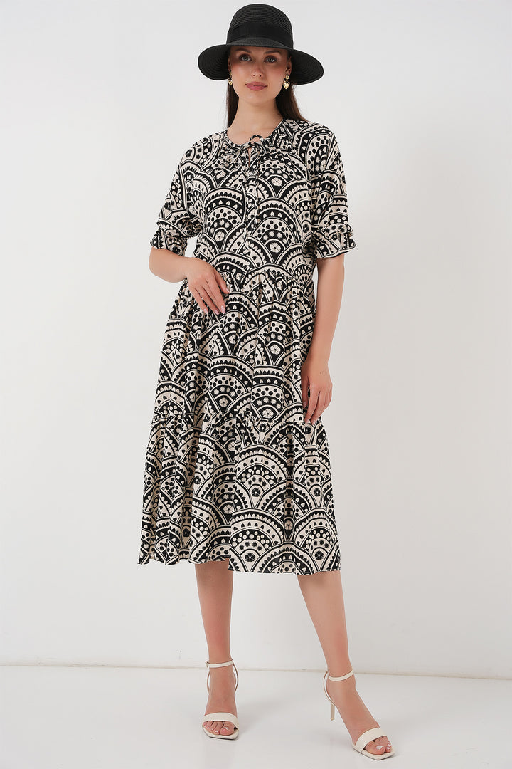 BGD Women Woman Short Sleeve Patterned Dress 2553 - Black - Columbia