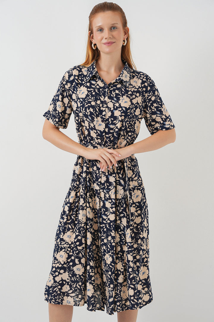 BGD Women Woman Short Sleeve Patterned Dress 2560 - Navy Blue - Sidcup
