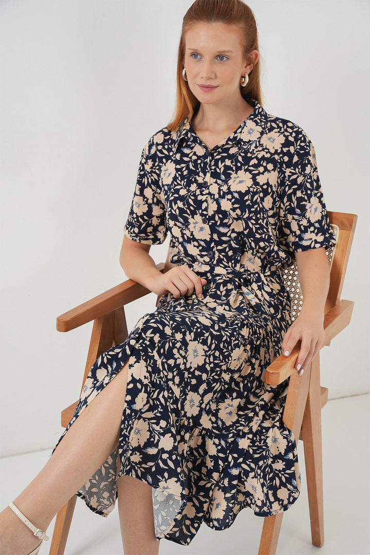 BGD Women Woman Short Sleeve Patterned Dress 2560 - Navy Blue - Sidcup