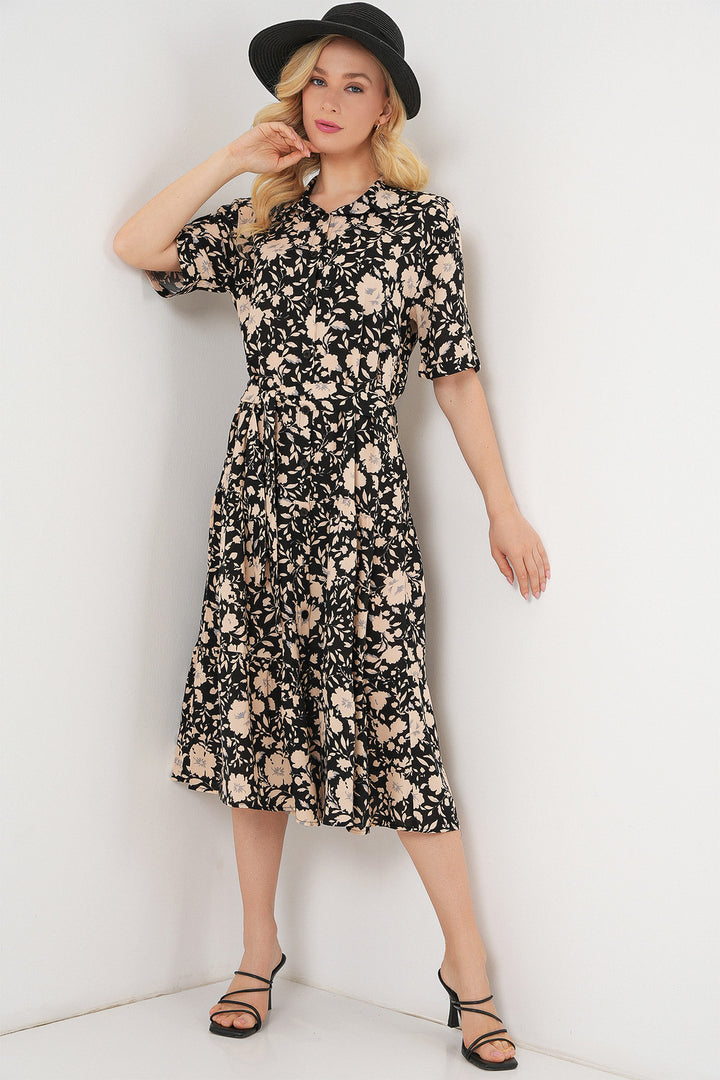 BGD Women Woman Short Sleeve Patterned Dress 2560 - Black - Leiden