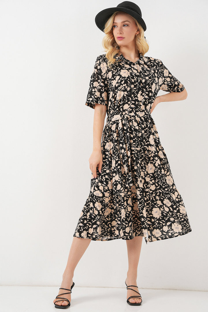 BGD Women Woman Short Sleeve Patterned Dress 2560 - Black - Leiden