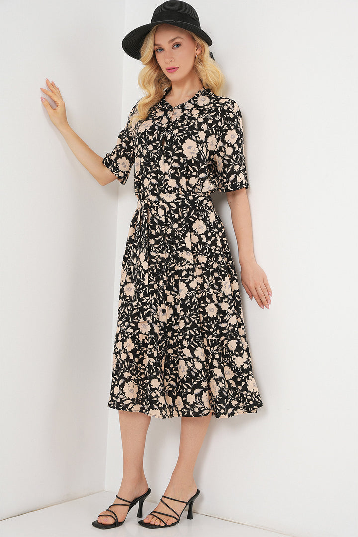 BGD Women Woman Short Sleeve Patterned Dress 2560 - Black - Leiden