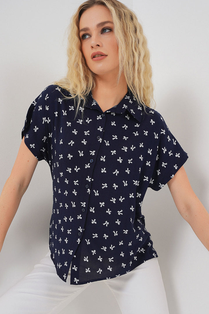 BGD Women Woman Short Sleeve Patterned Shirt 20310 - Navy Blue - Cambridge