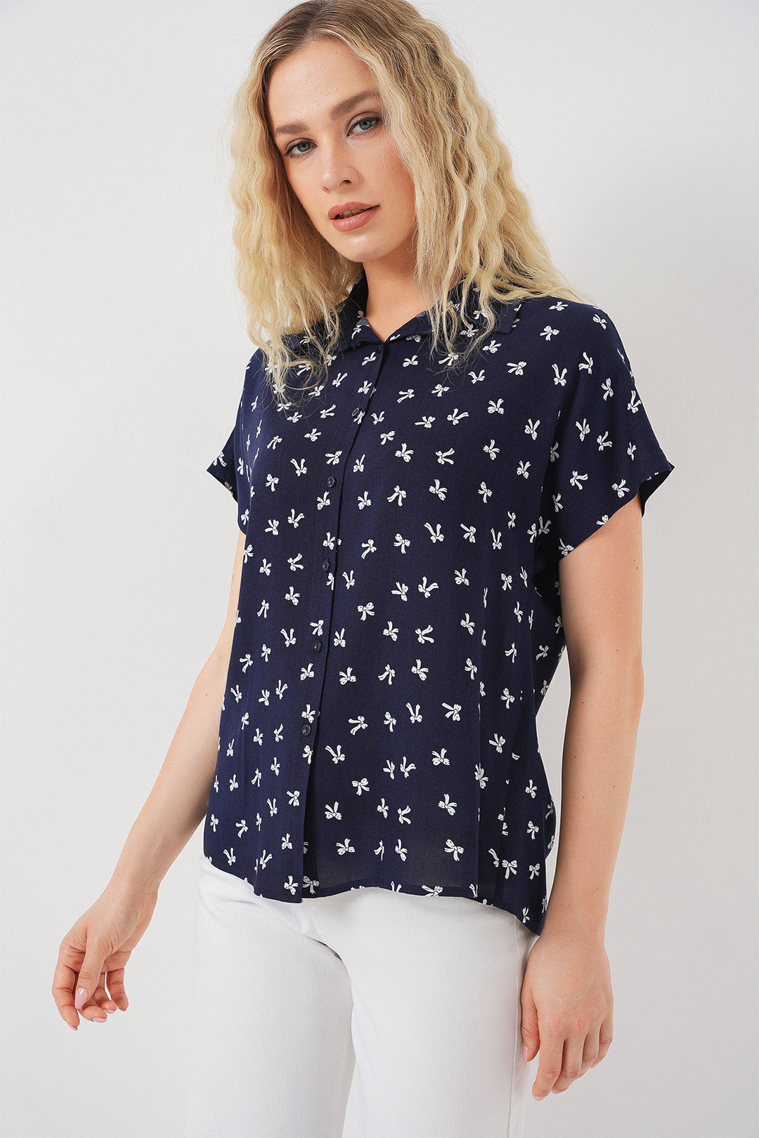 BGD Women Woman Short Sleeve Patterned Shirt 20310 - Navy Blue - Cambridge