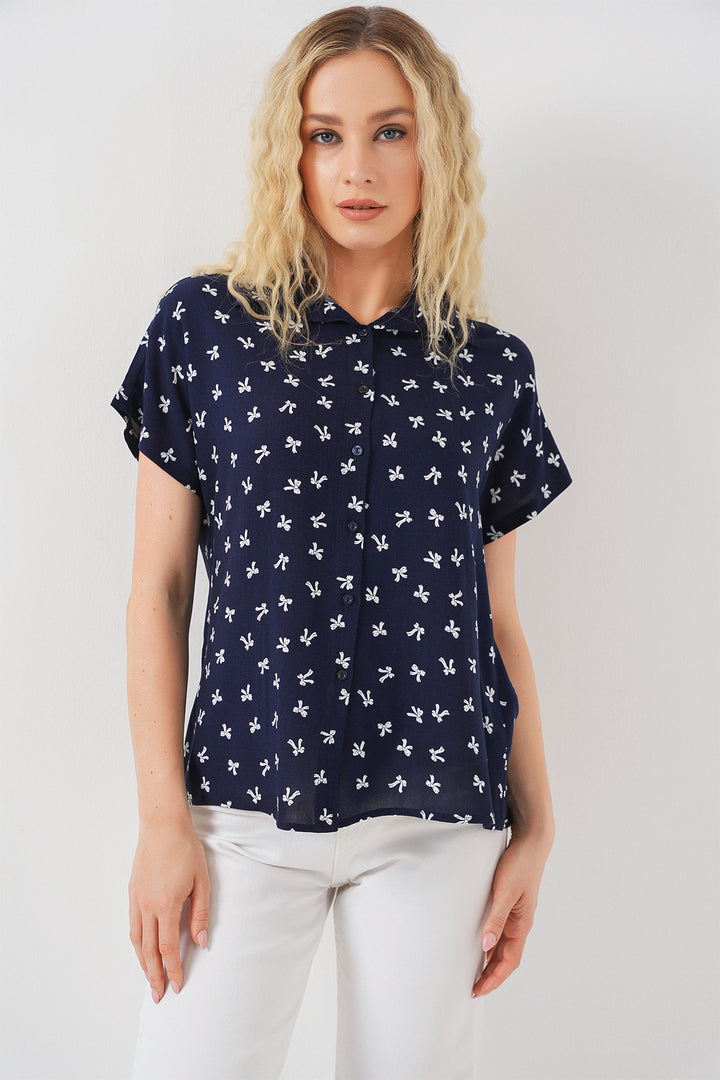 BGD Women Woman Short Sleeve Patterned Shirt 20310 - Navy Blue - Cambridge