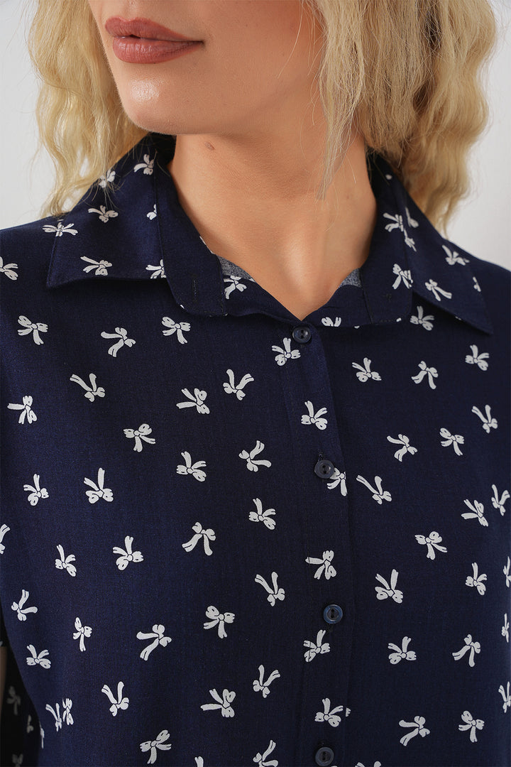 BGD Women Woman Short Sleeve Patterned Shirt 20310 - Navy Blue - Cambridge