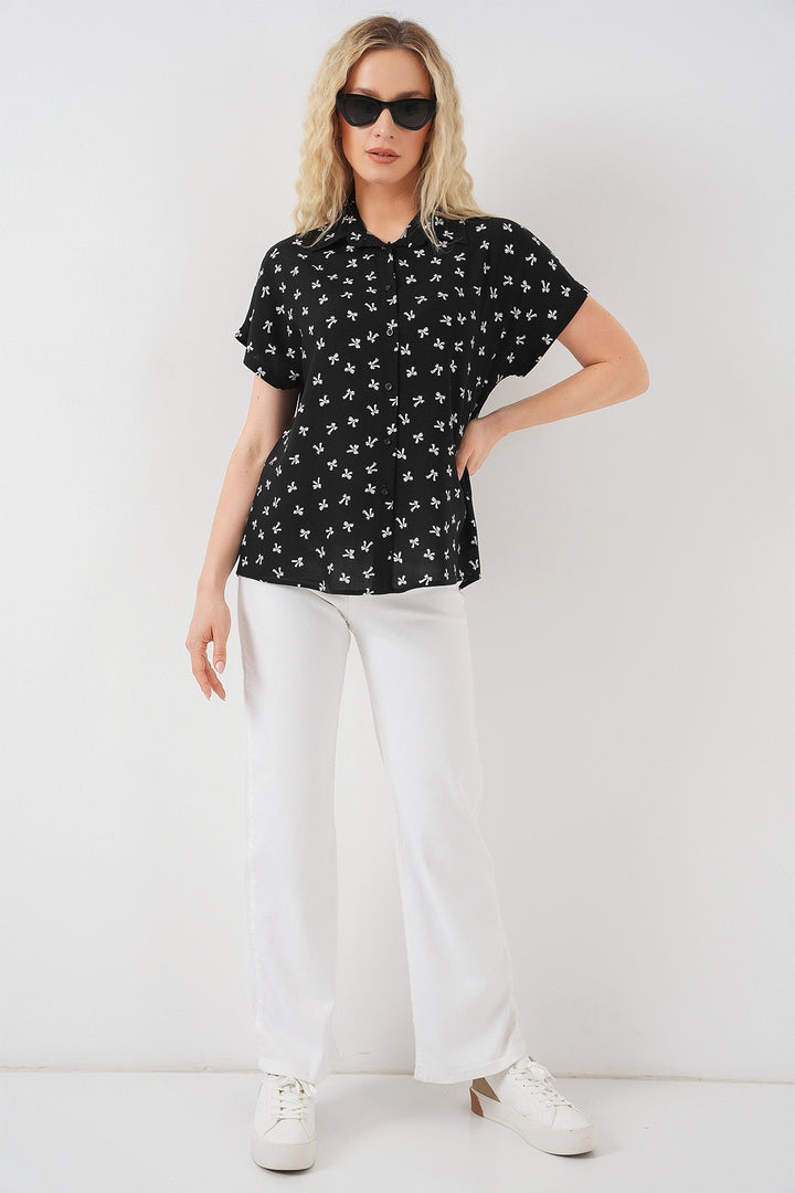 BGD Women Woman Short Sleeve Patterned Shirt 20310 - Black - Hasselt