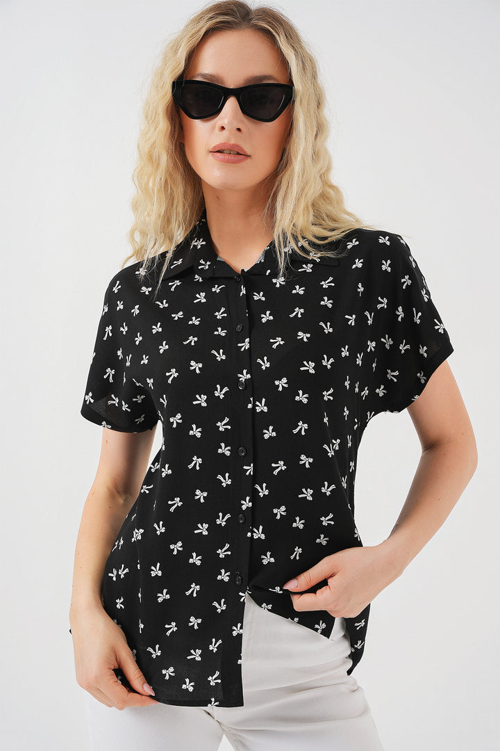 BGD Women Woman Short Sleeve Patterned Shirt 20310 - Black - Hasselt
