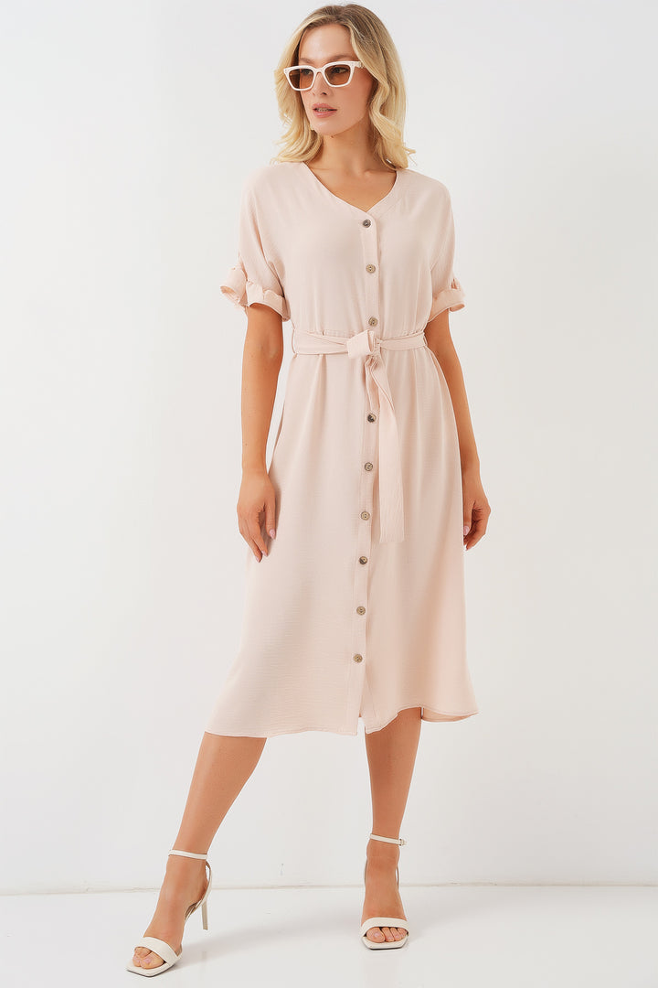 BGD Women Women's Short Sleeve Buttoned Dress 2555 - Cream - Alphen aan den Rijn