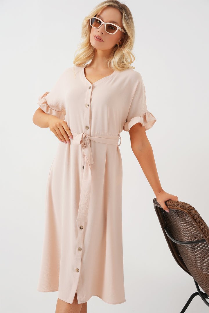 BGD Women Women's Short Sleeve Buttoned Dress 2555 - Cream - Alphen aan den Rijn