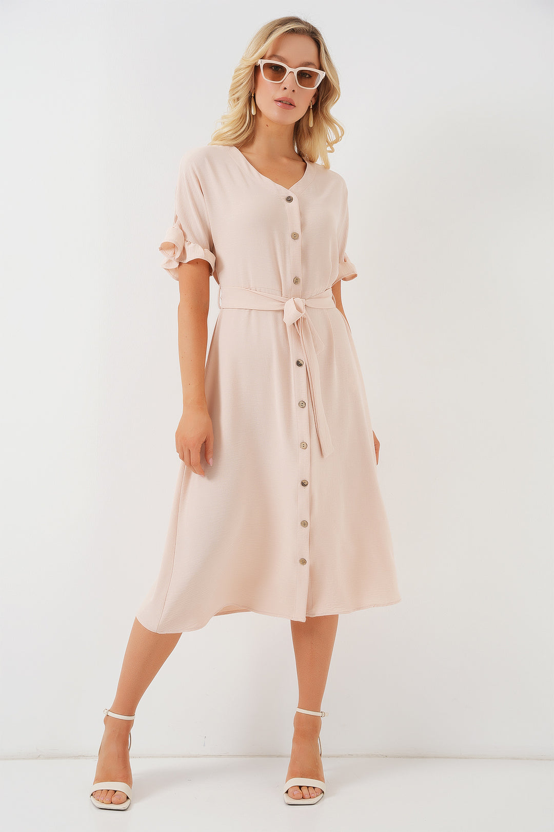 BGD Women Women's Short Sleeve Buttoned Dress 2555 - Cream - Alphen aan den Rijn