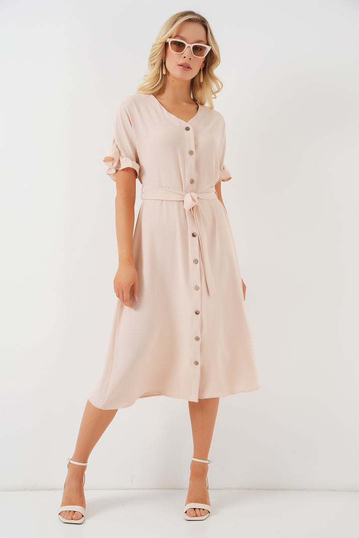 BGD Women Women's Short Sleeve Buttoned Dress 2555 - Cream - Alphen aan den Rijn