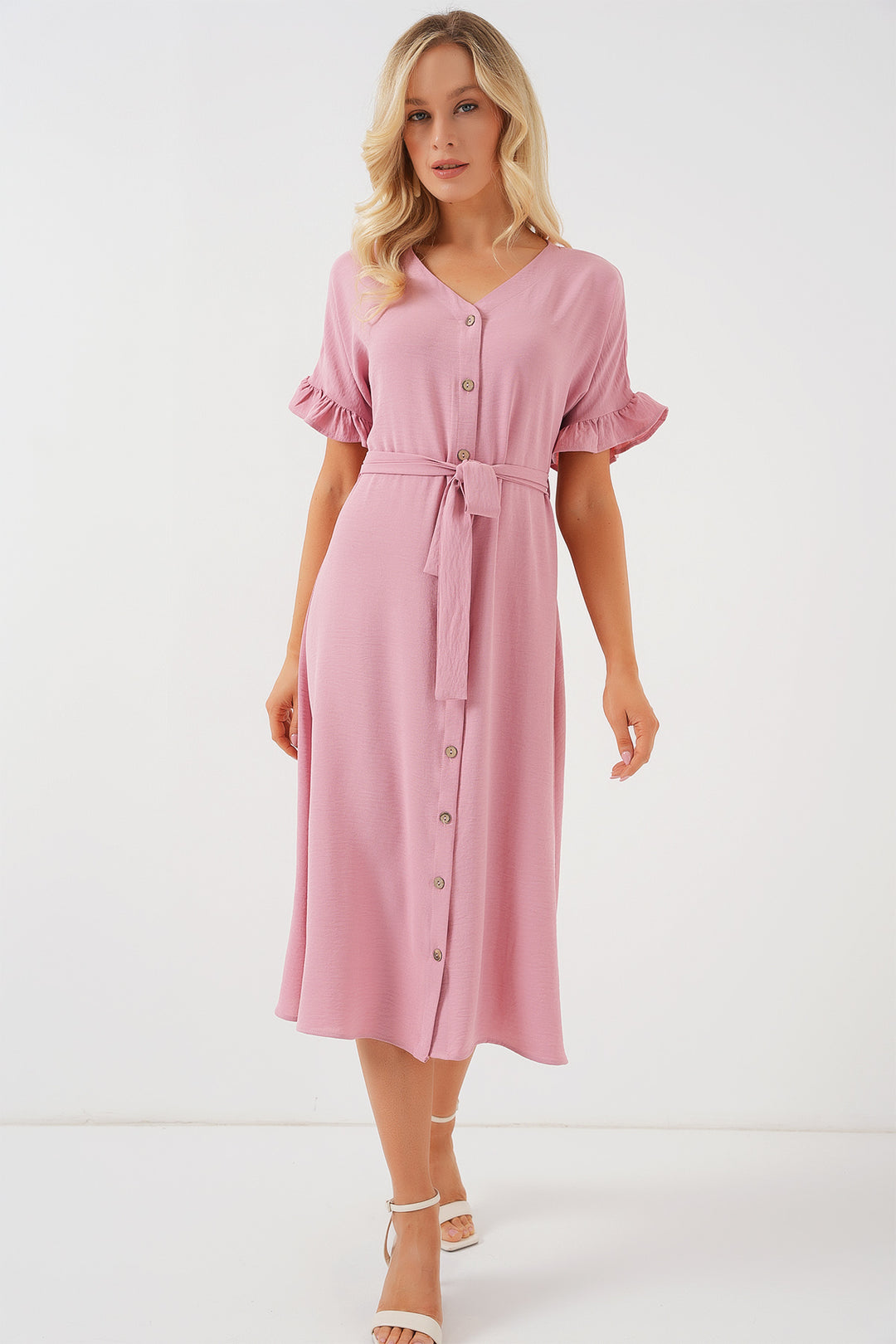 BGD Women Women's Short Sleeve Buttoned Dress 2555 - Powder - Montclair