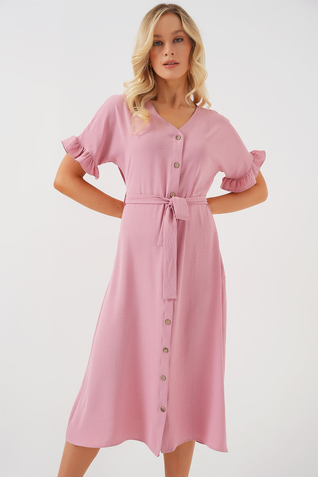 BGD Women Women's Short Sleeve Buttoned Dress 2555 - Powder - Montclair