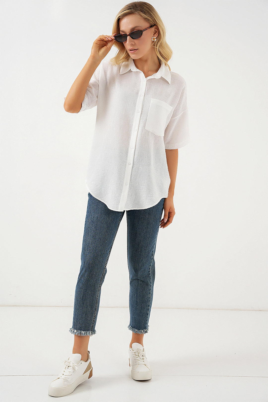 BGD Women Woman Short Sleeve Linen Look Shirt 20336 - White - Ferizaj