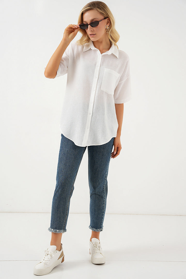 BGD Women Woman Short Sleeve Linen Look Shirt 20336 - White - Ferizaj