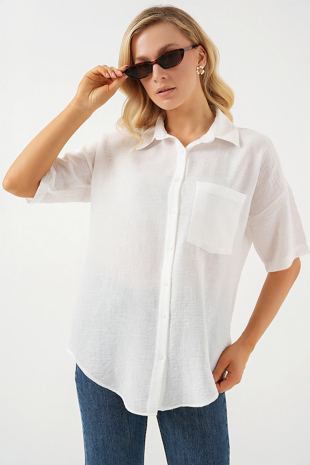 BGD Women Woman Short Sleeve Linen Look Shirt 20336 - White - Ferizaj