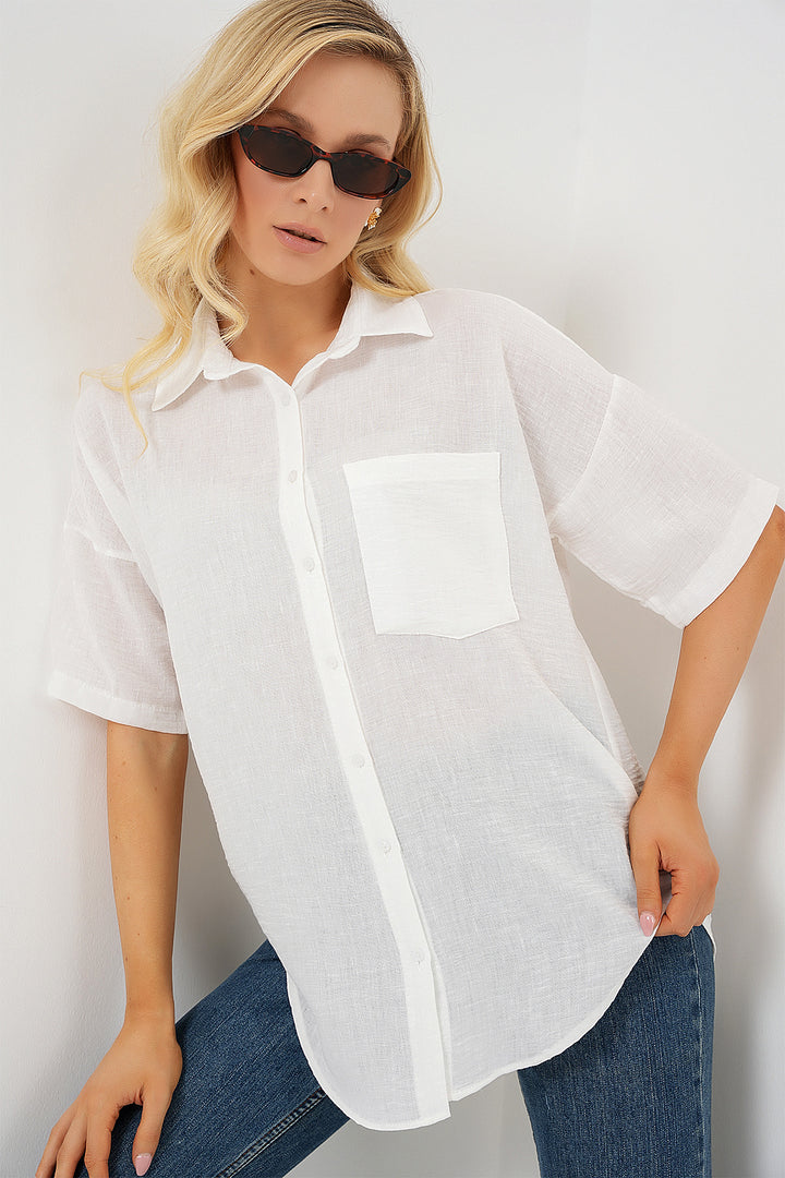 BGD Women Woman Short Sleeve Linen Look Shirt 20336 - White - Ferizaj