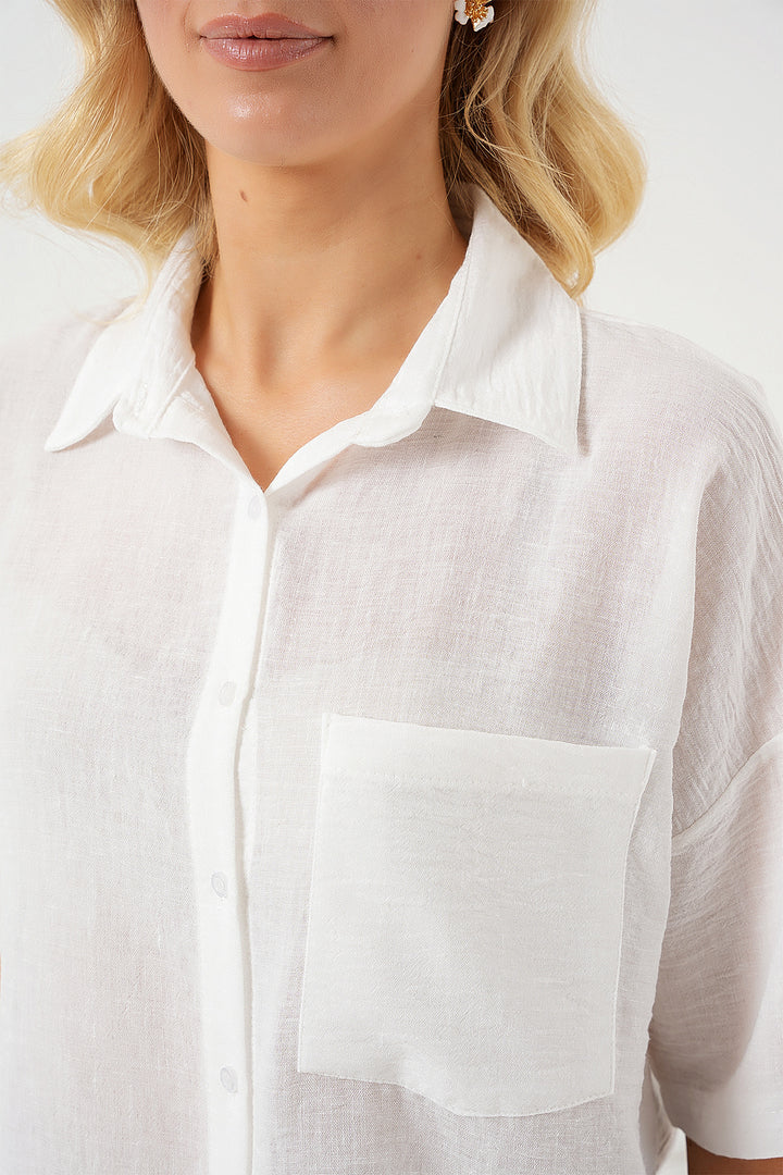 BGD Women Woman Short Sleeve Linen Look Shirt 20336 - White - Ferizaj