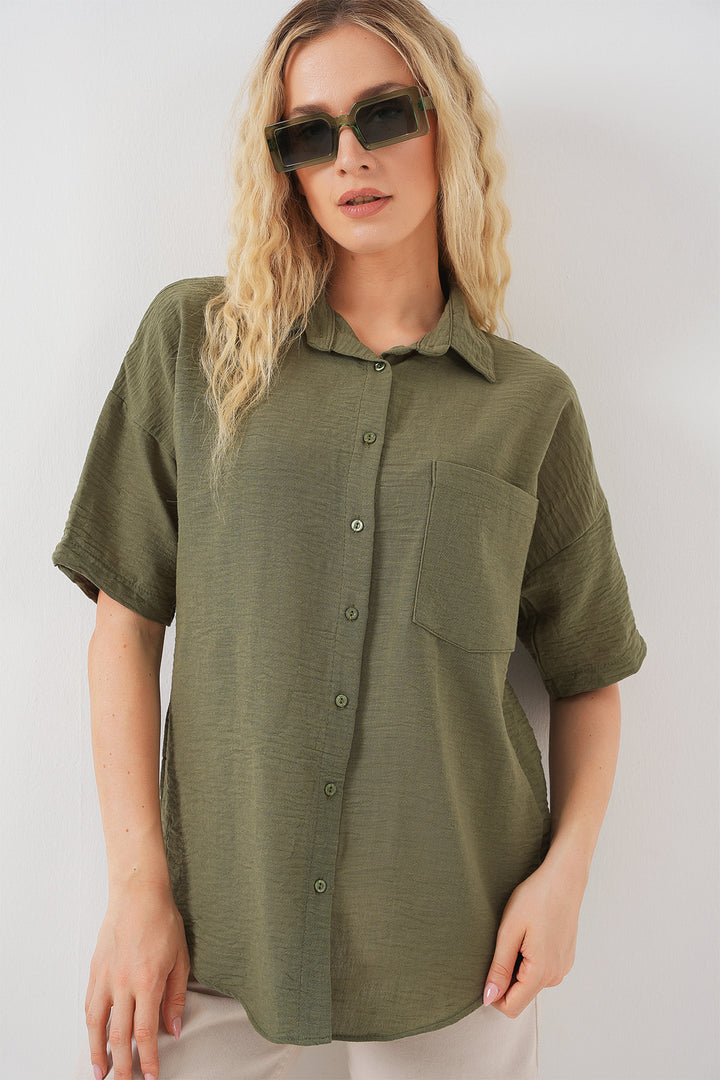 BGD Women Woman Short Sleeve Linen Look Shirt 20336 - Khaki - Viernheim