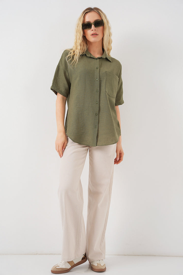 BGD Women Woman Short Sleeve Linen Look Shirt 20336 - Khaki - Viernheim