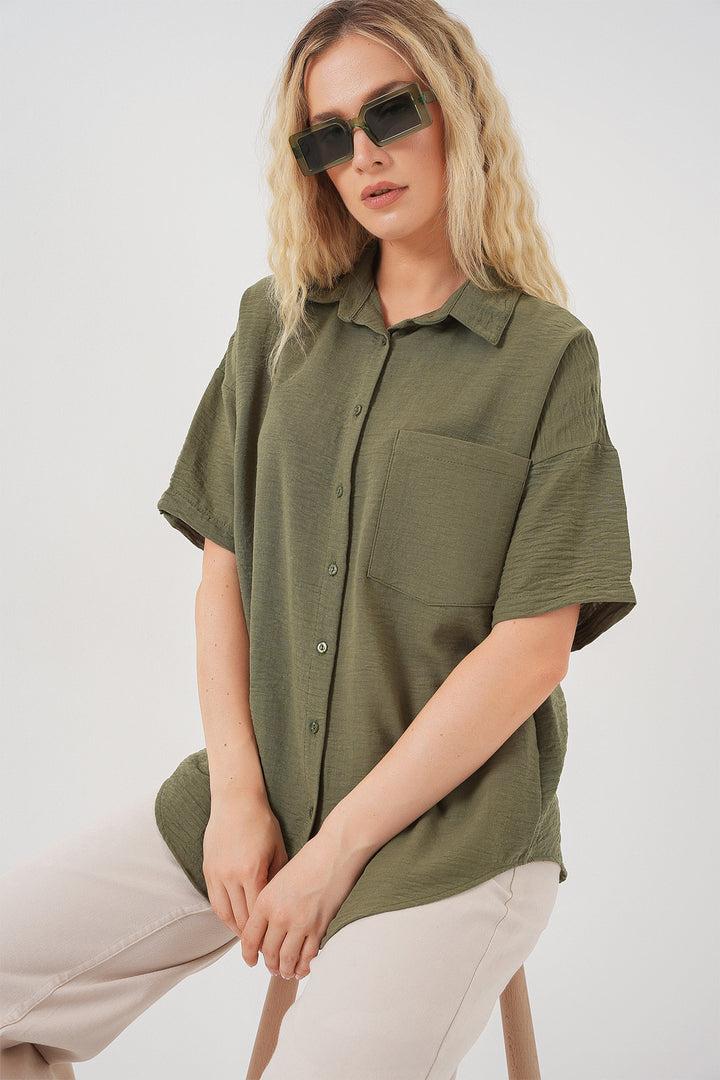 BGD Women Woman Short Sleeve Linen Look Shirt 20336 - Khaki - Viernheim