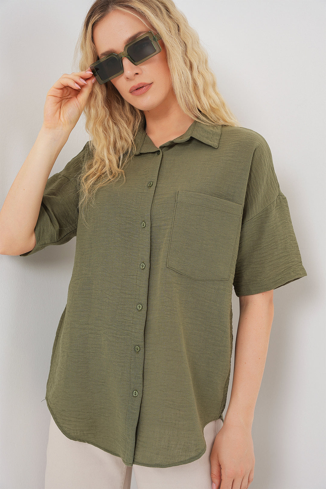 BGD Women Woman Short Sleeve Linen Look Shirt 20336 - Khaki - Viernheim