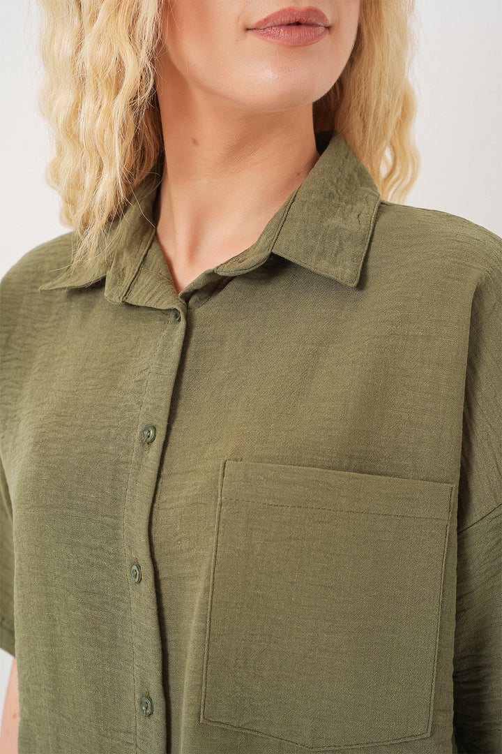 BGD Women Woman Short Sleeve Linen Look Shirt 20336 - Khaki - Viernheim