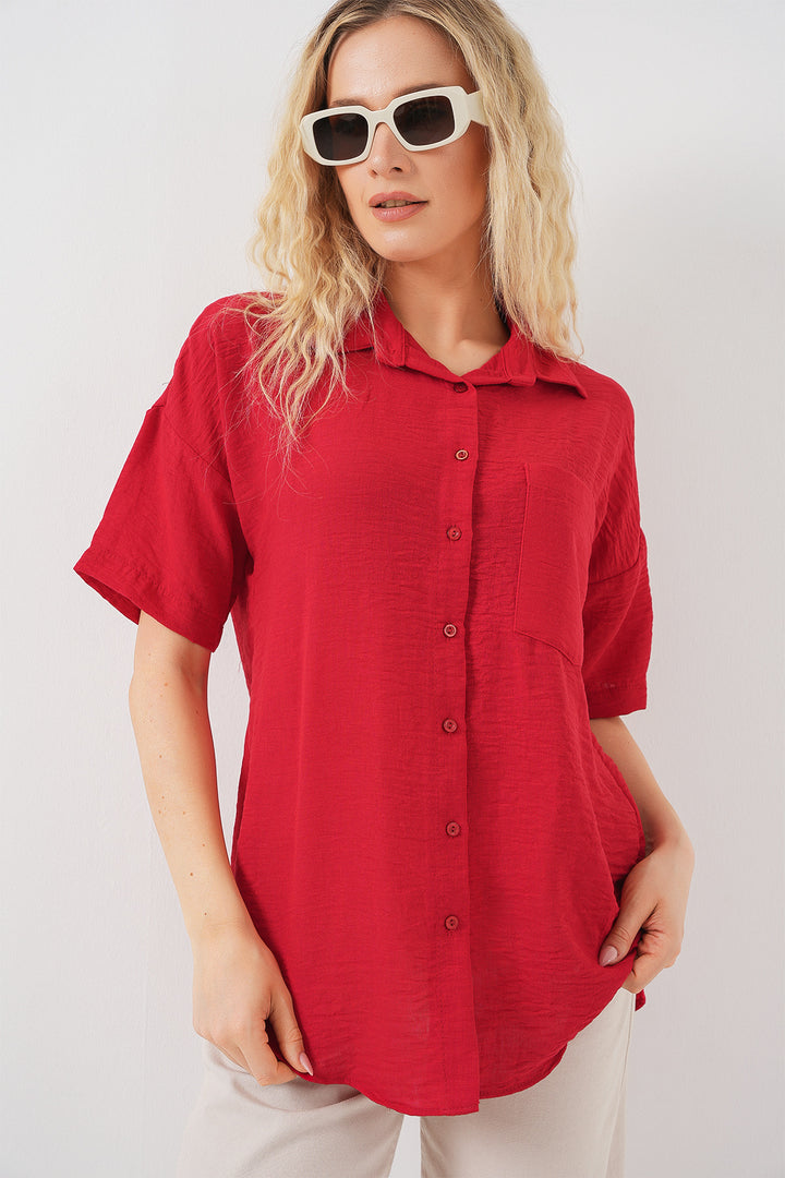 BGD Women Women's Short Sleeve Linen-Look Shirt 20336 - Red - Guacharachi