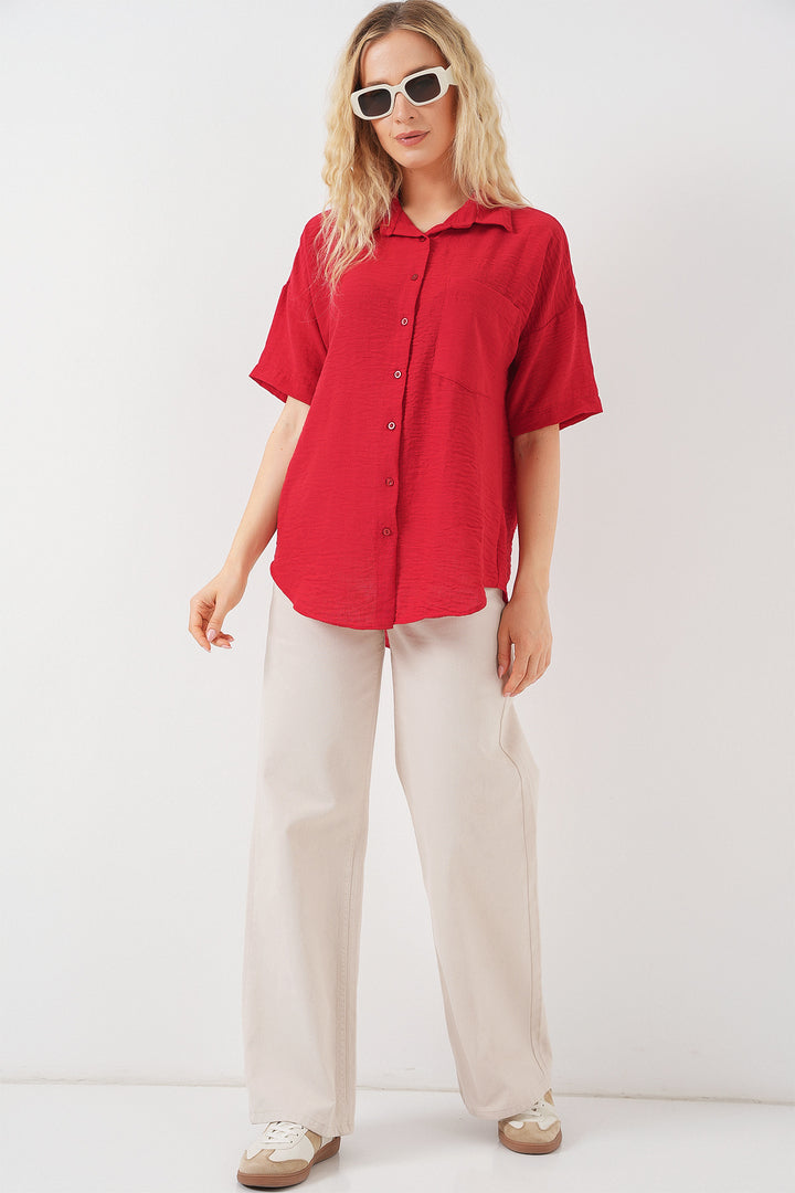 BGD Women Women's Short Sleeve Linen-Look Shirt 20336 - Red - Guacharachi
