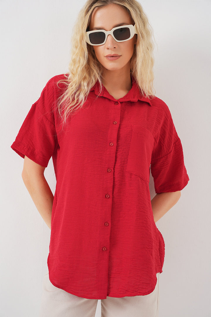 BGD Women Women's Short Sleeve Linen-Look Shirt 20336 - Red - Guacharachi
